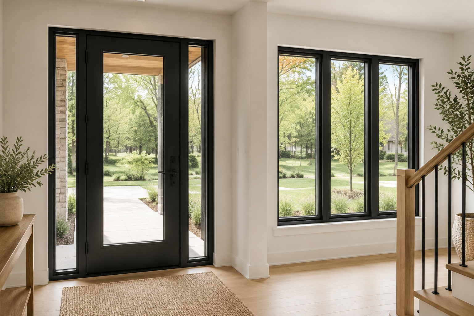 Porte d’entrée noire avec fenêtres assorties